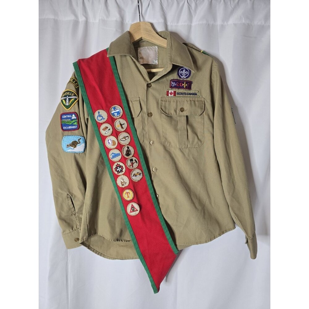 Vtg 2000s Boy Scouts Of Canada Long Sleeve Shirt Youth L With Sash And Patches